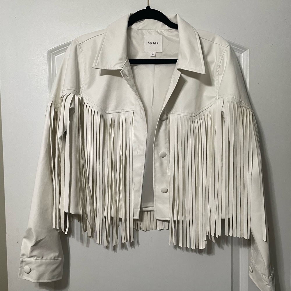 Le Lis size large white leather fringe jacket.
